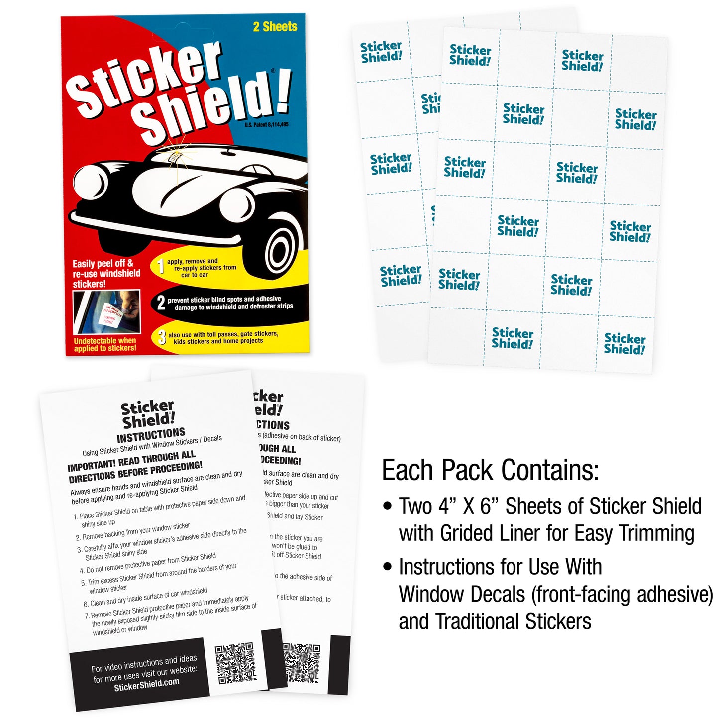 A graphic: Each pack contains two four by six inch sheets of sticker shield with grided liner for easy trimming and instructions for use with window decals (front-facing adhesive) and traditional stickers.