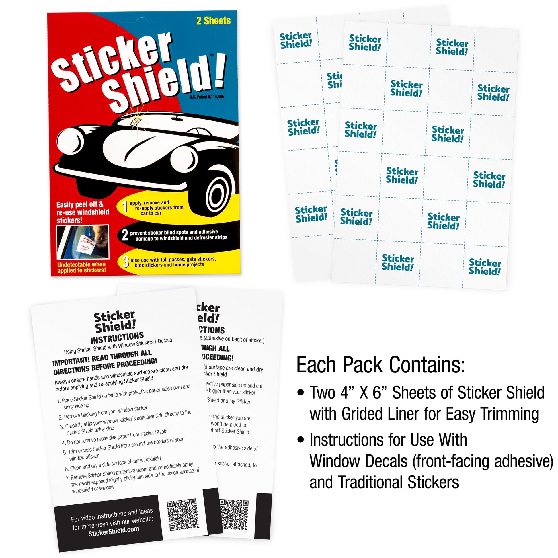 A graphic: Each pack contains two four by six inch sheets of sticker shield with grided liner for easy trimming and instructions for use with window decals (front-facing adhesive) and traditional stickers.